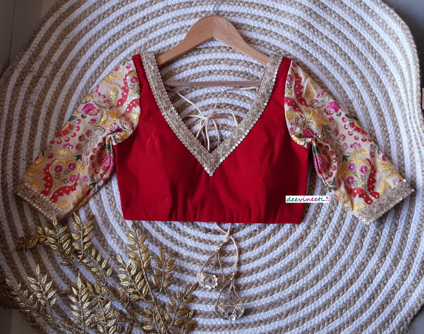 Red Velvet Embroidered Sleeves Blouse DVBL_156