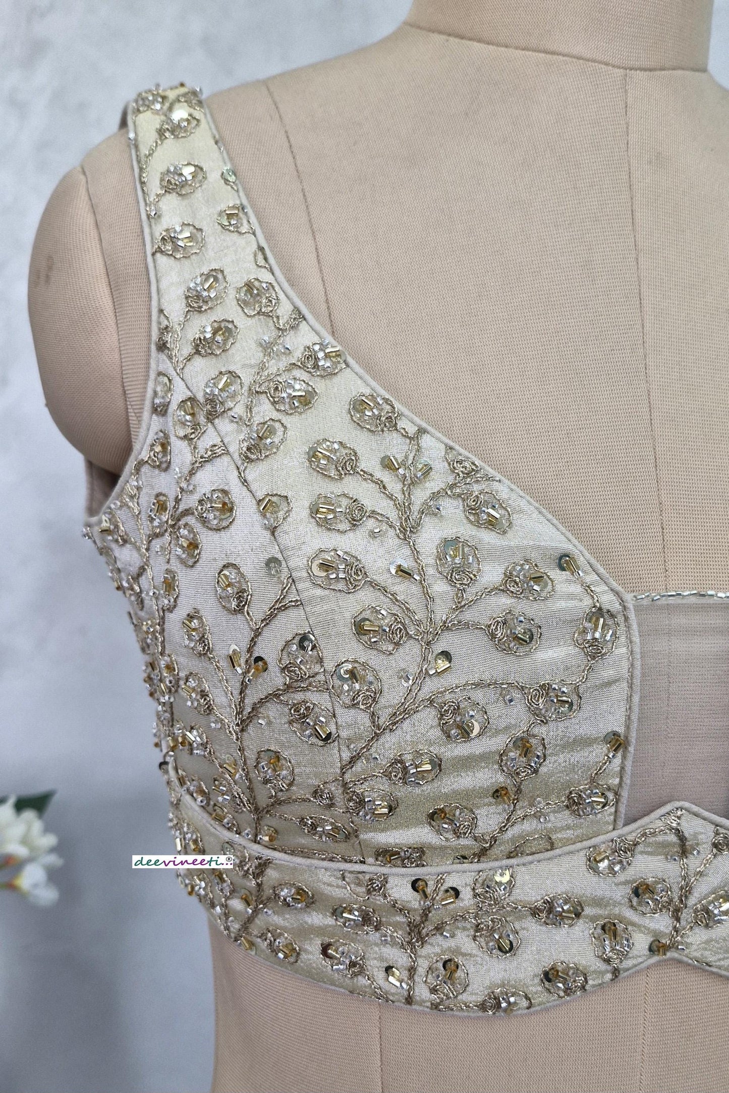 Cream Embroidered Tissue Silk Sweetheart Neck Blouse DVBL_404