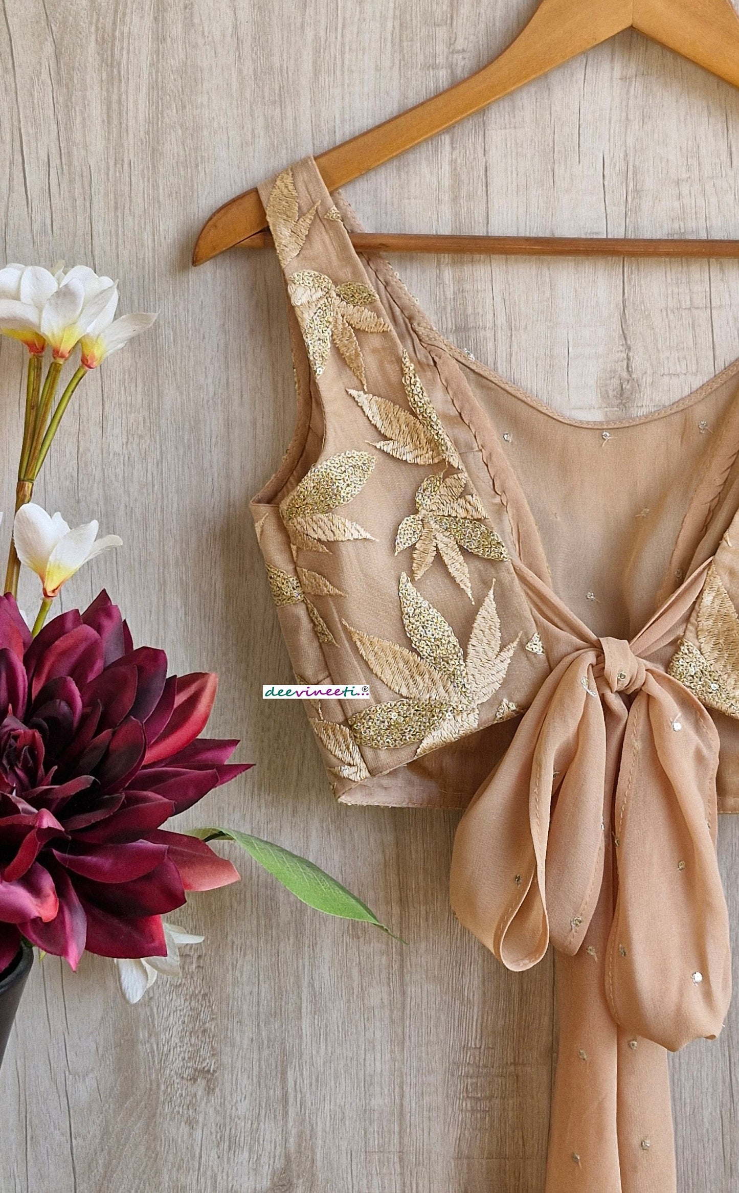 Embroidered Beige Boat Neck Tie Blouse DVBL_346.