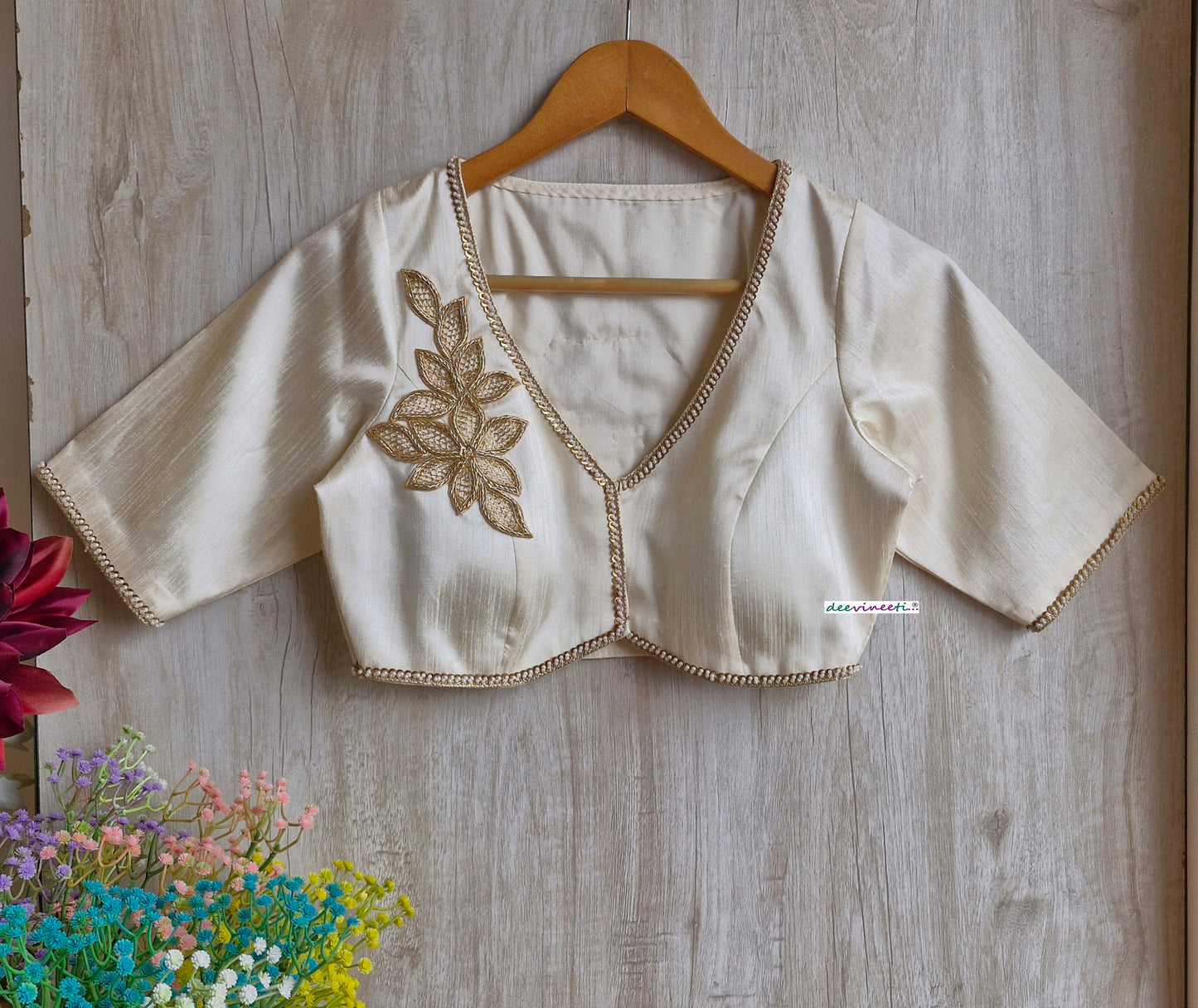 Cream Raw Silk Blouse with Applique Embroidery DVBL_322