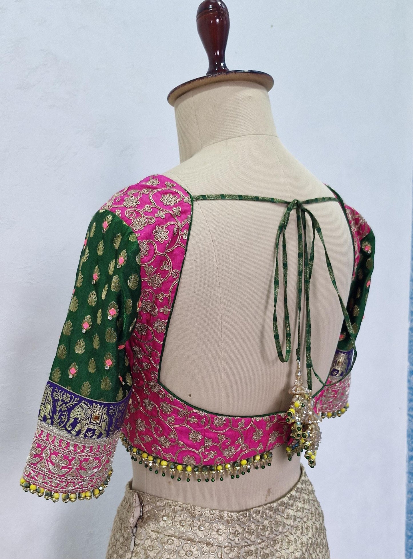 Embroidered Silk Pink and Green Blouse Sweetheart Neck DVBL_449