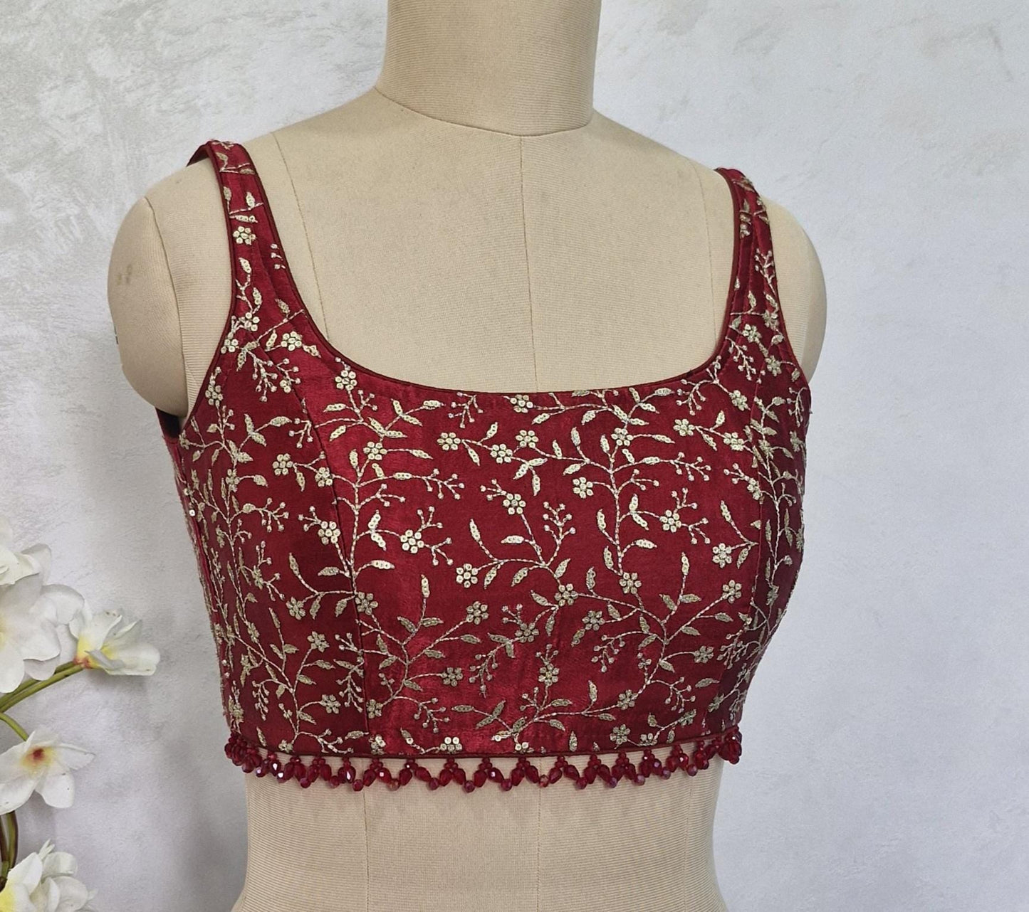 Maroon Embroidered Silk Scoop Neck Blouse DVBL_412
