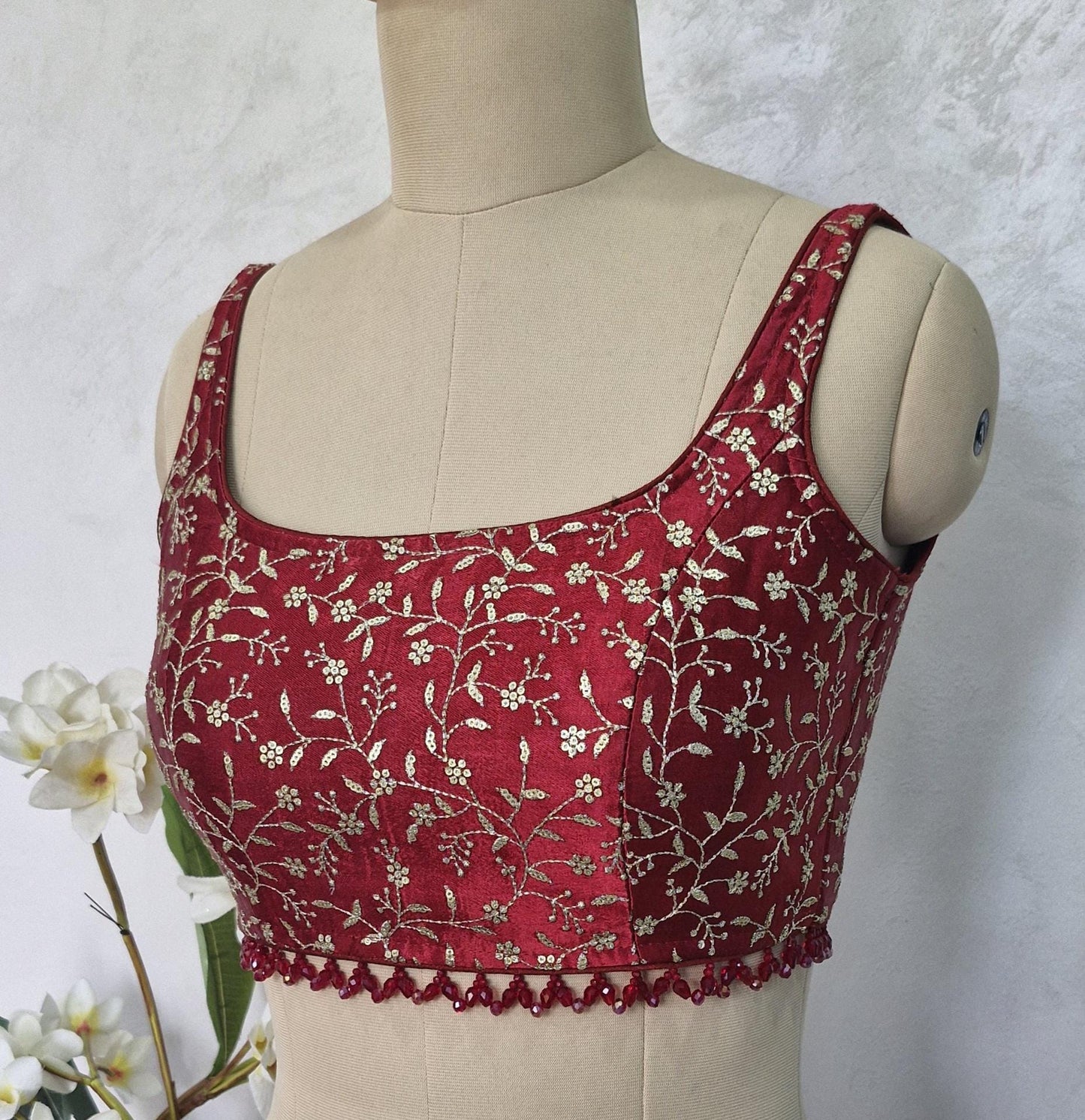 Maroon Embroidered Silk Scoop Neck Blouse DVBL_412