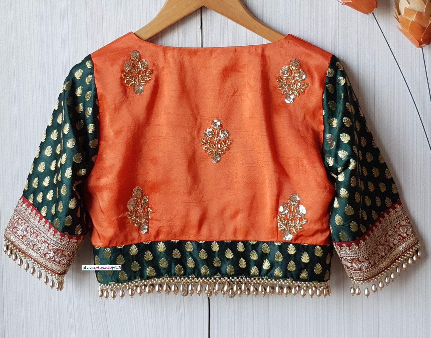 Orange and Green Silk Embroidered Deep V Neck Blouse DVBL_218