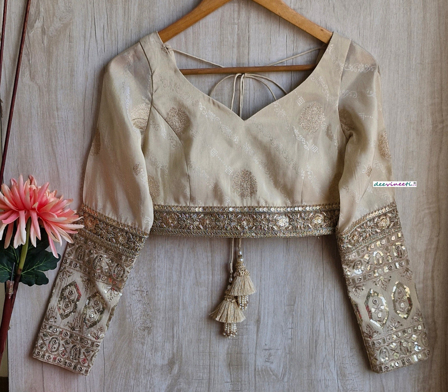 Light Beige Tissue Brocade Long Sleeves Blouse DVBL_323