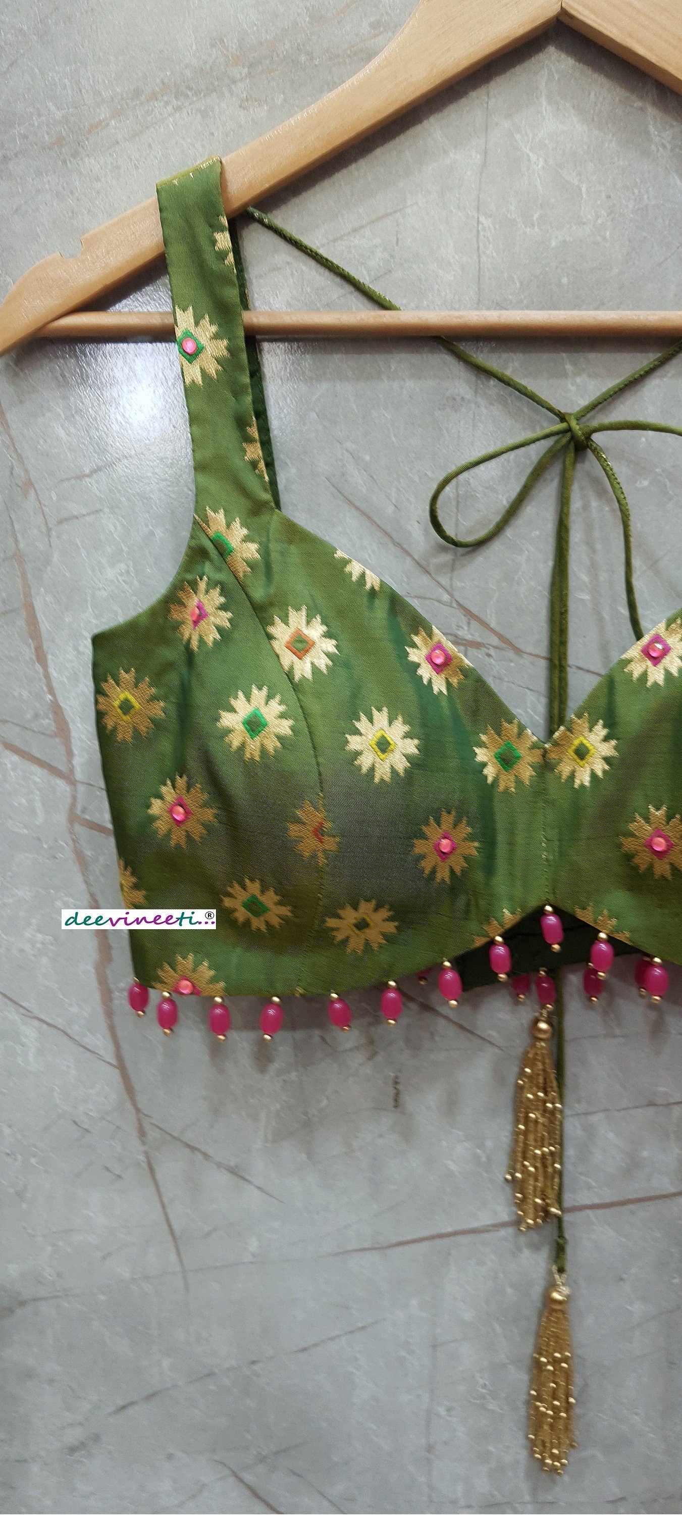 Green Brocade Silk Deep Sweetheart Neck Blouse DVBL_260