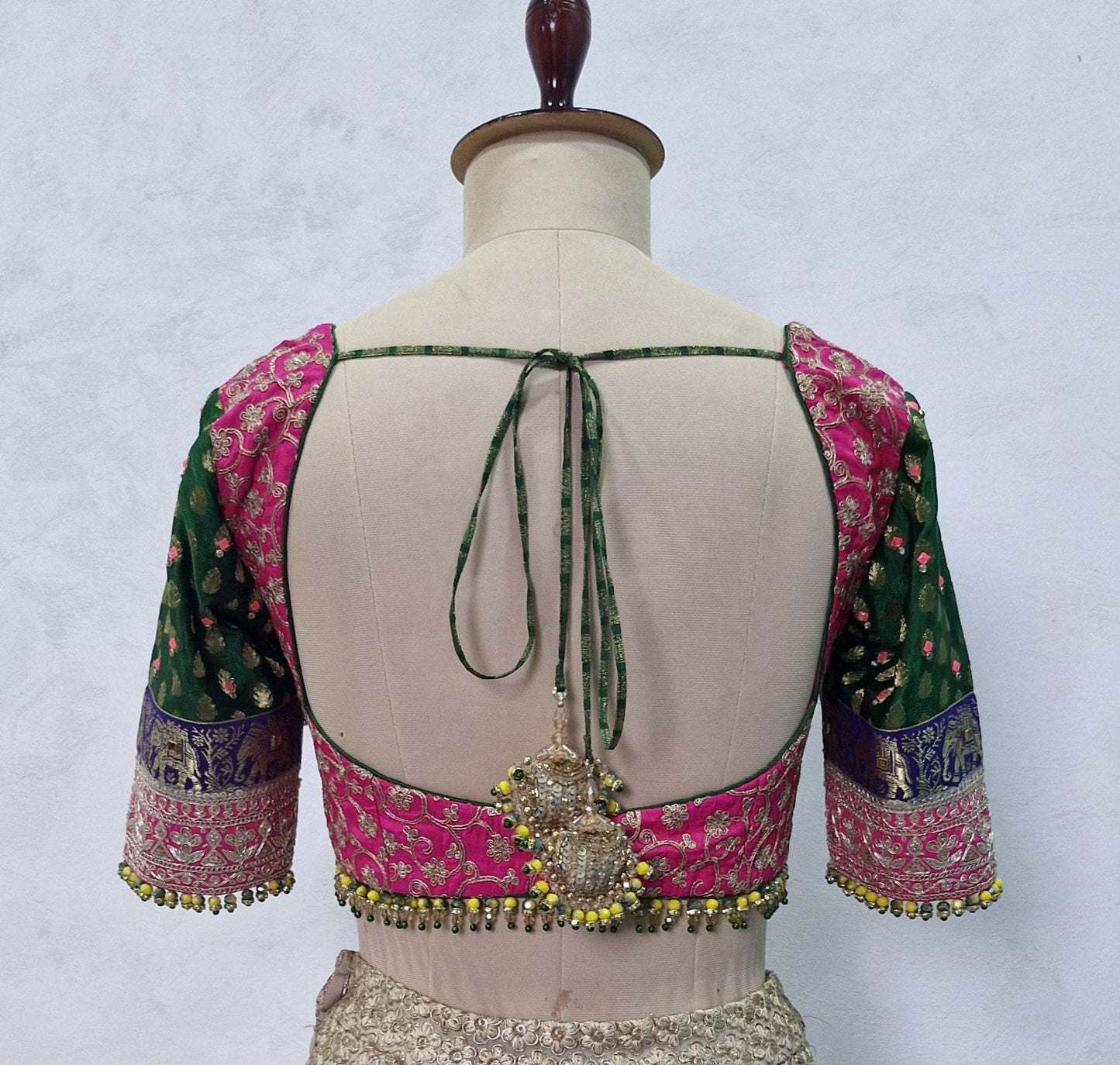 Embroidered Silk Pink and Green Blouse Sweetheart Neck DVBL_449