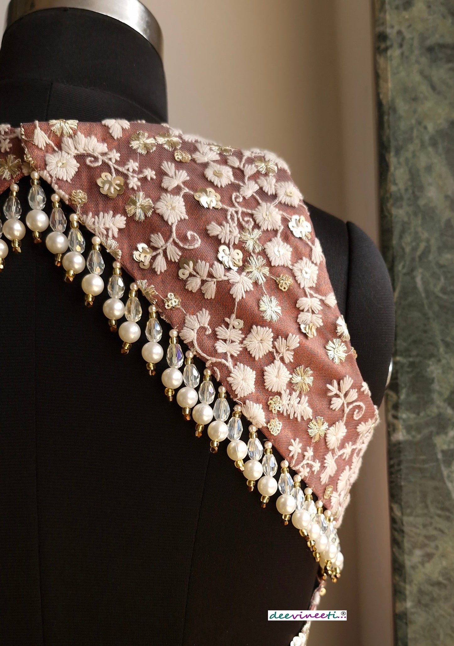 Mauve Brown Embroidered Jewel Neck Backless Blouse DVBL_335
