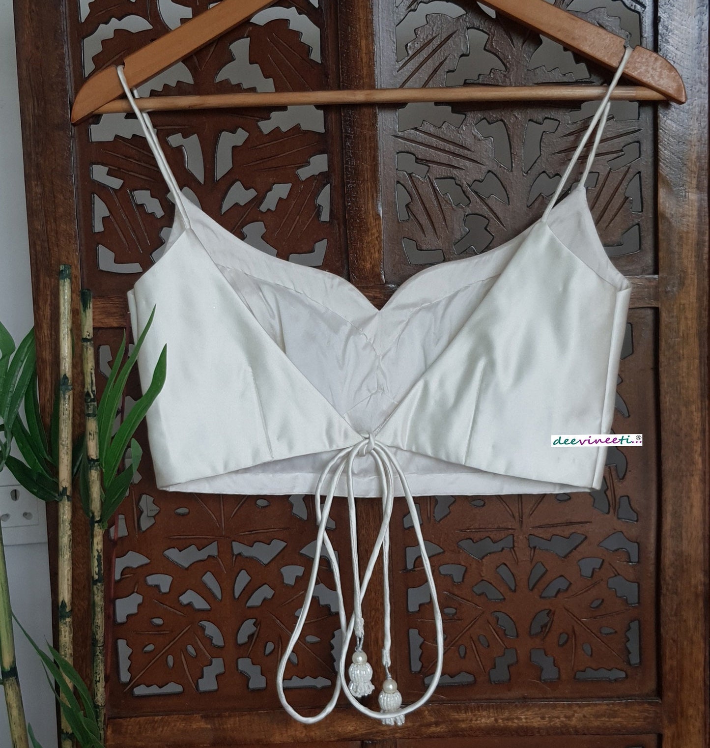 Off White Satin Sweetheart Neck Spaghetti Blouse DVBL_278