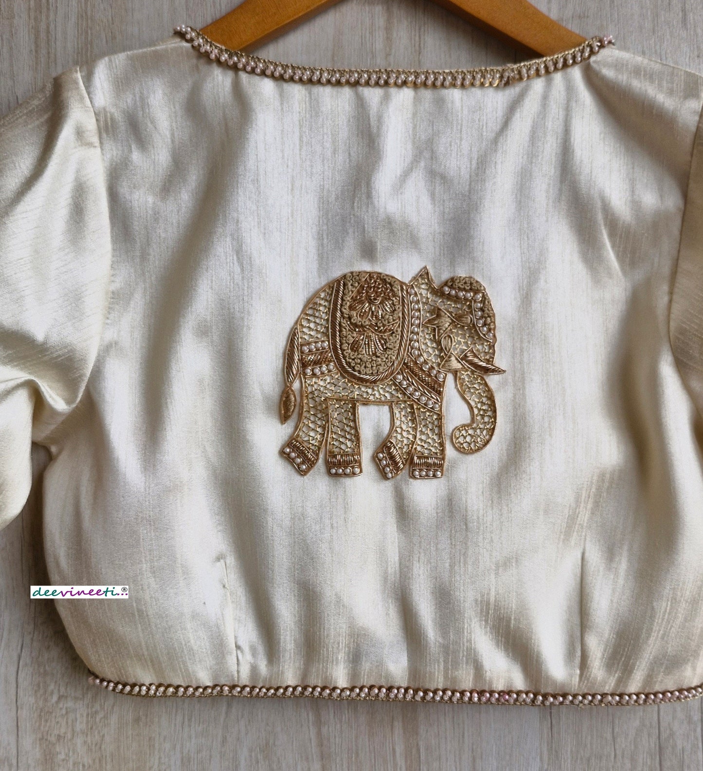 Cream Raw Silk Blouse with Applique Embroidery DVBL_322