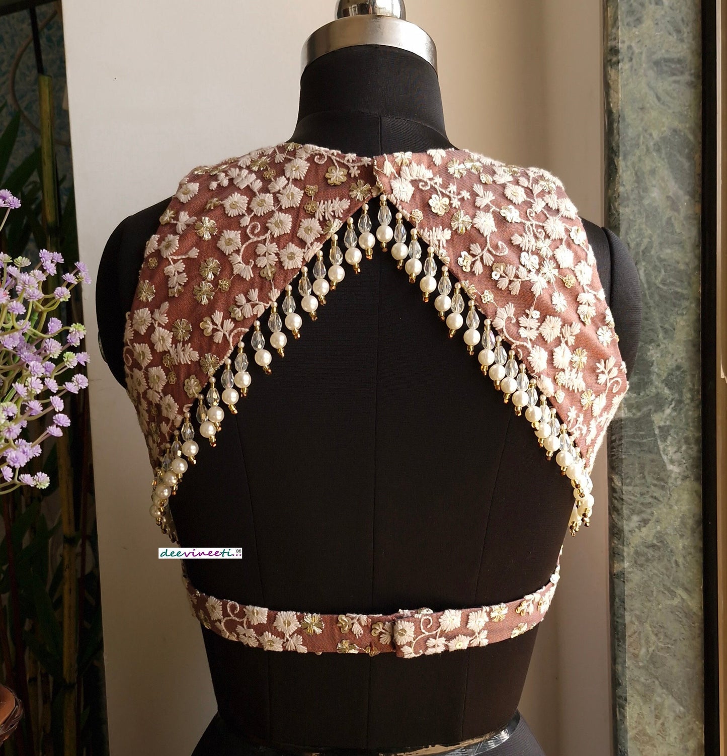 Mauve Brown Embroidered Jewel Neck Backless Blouse DVBL_335