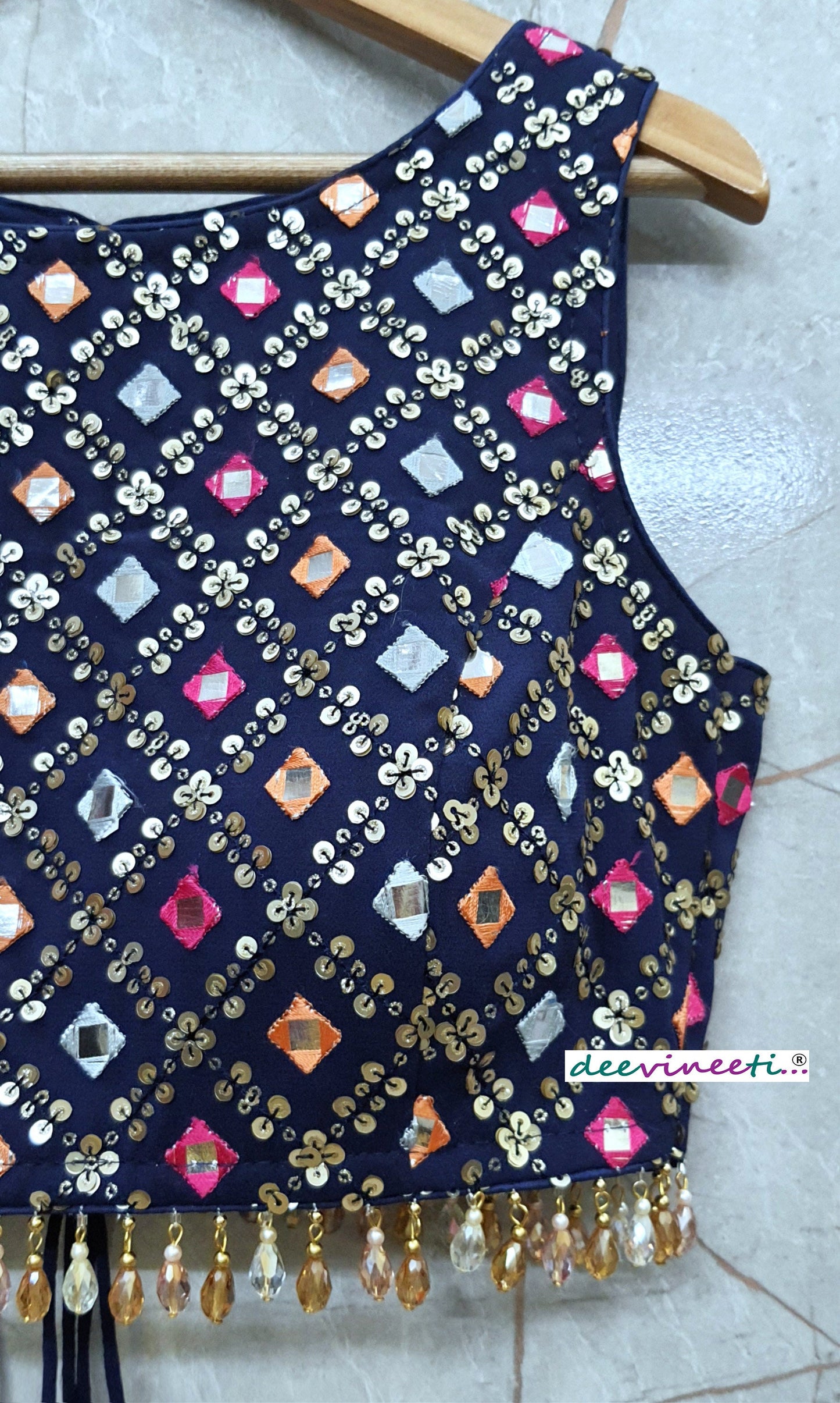 Embroidered Dark Blue Boat Neck Blouse DVBL_203
