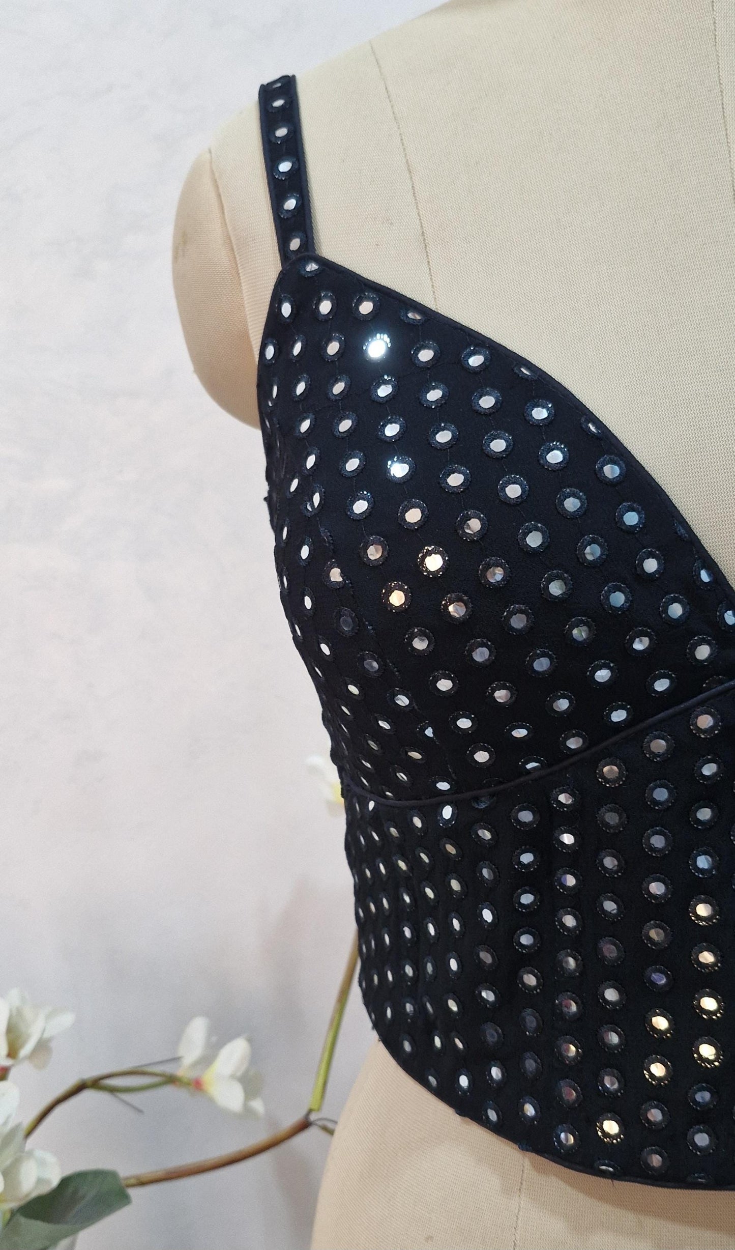 Black Faux Mirror Embroidered Spaghetti Corset Blouse DVCB_007