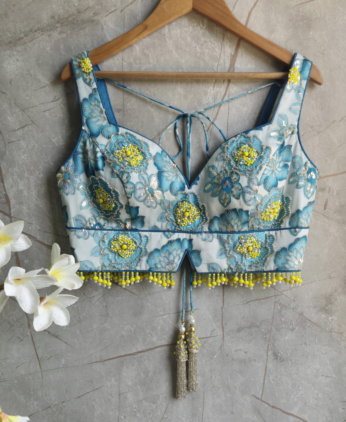 Beads Embroidered Blue Deep Sweetheart Neck Blouse DVBL_415