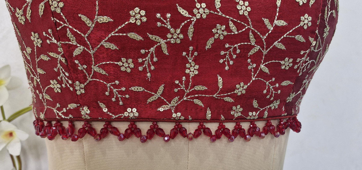 Maroon Embroidered Silk Scoop Neck Blouse DVBL_412