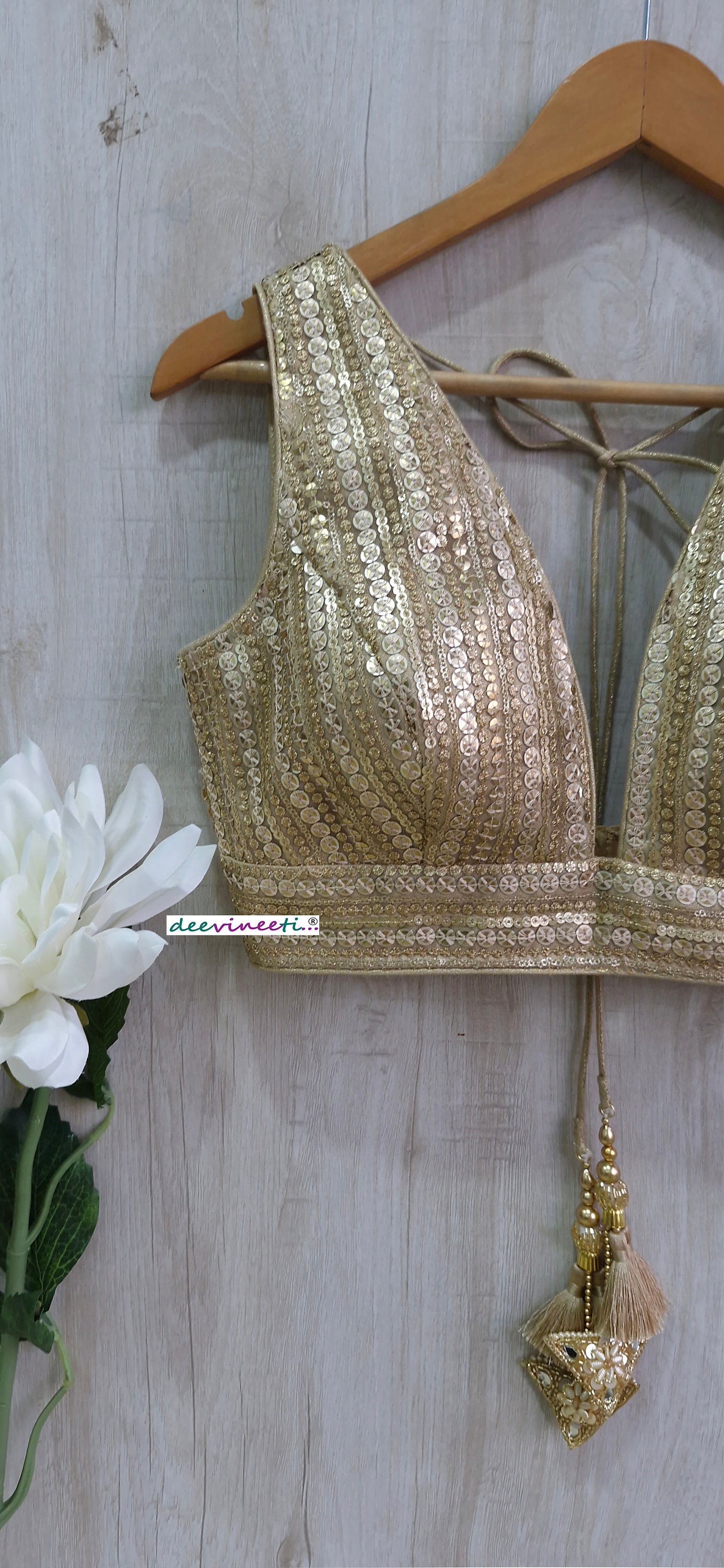 Gold Sequins Embroidered Plunge Neckline Blouse DVBL_363