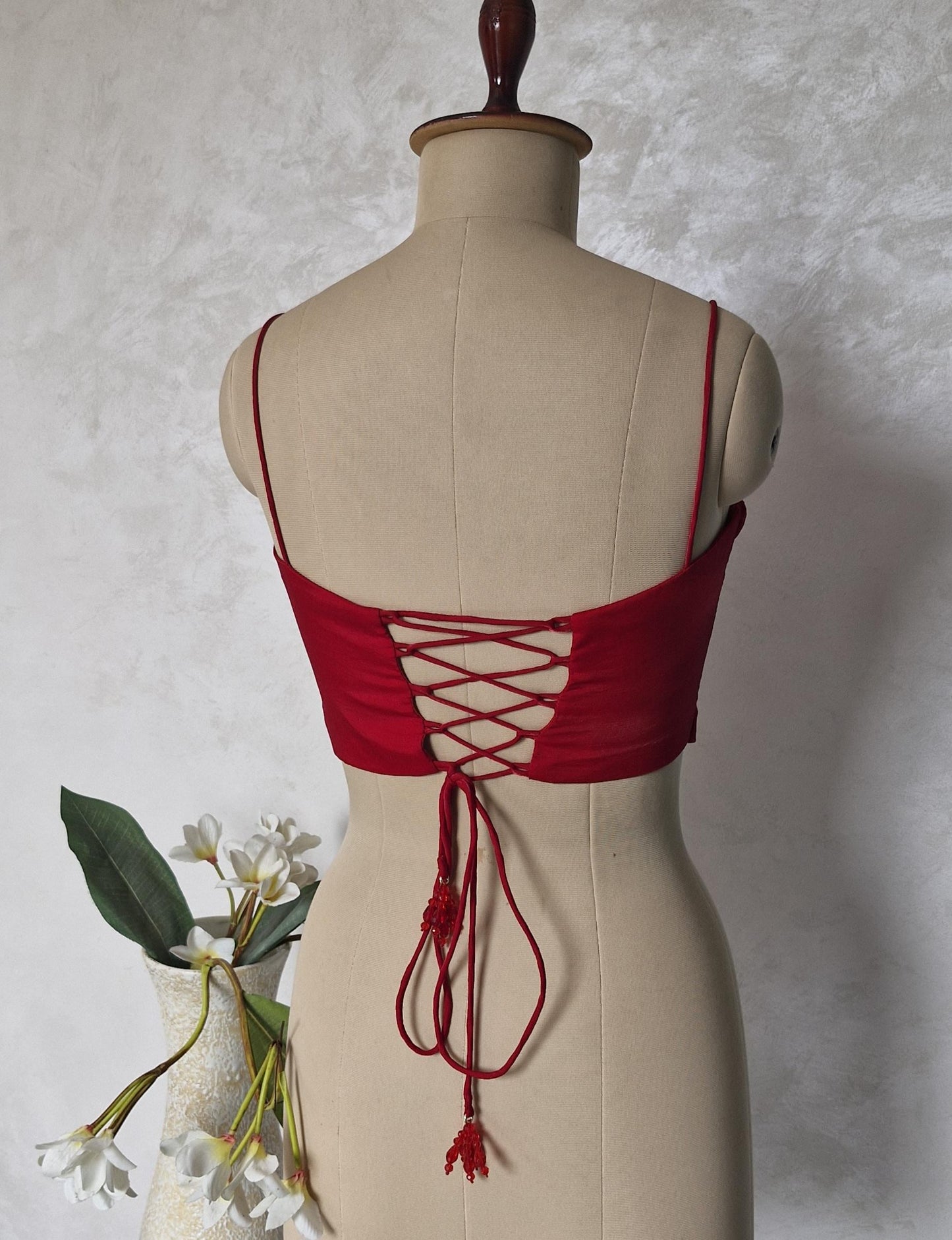 Cherry Red Organza Spaghetti Corset Blouse DVCB_005