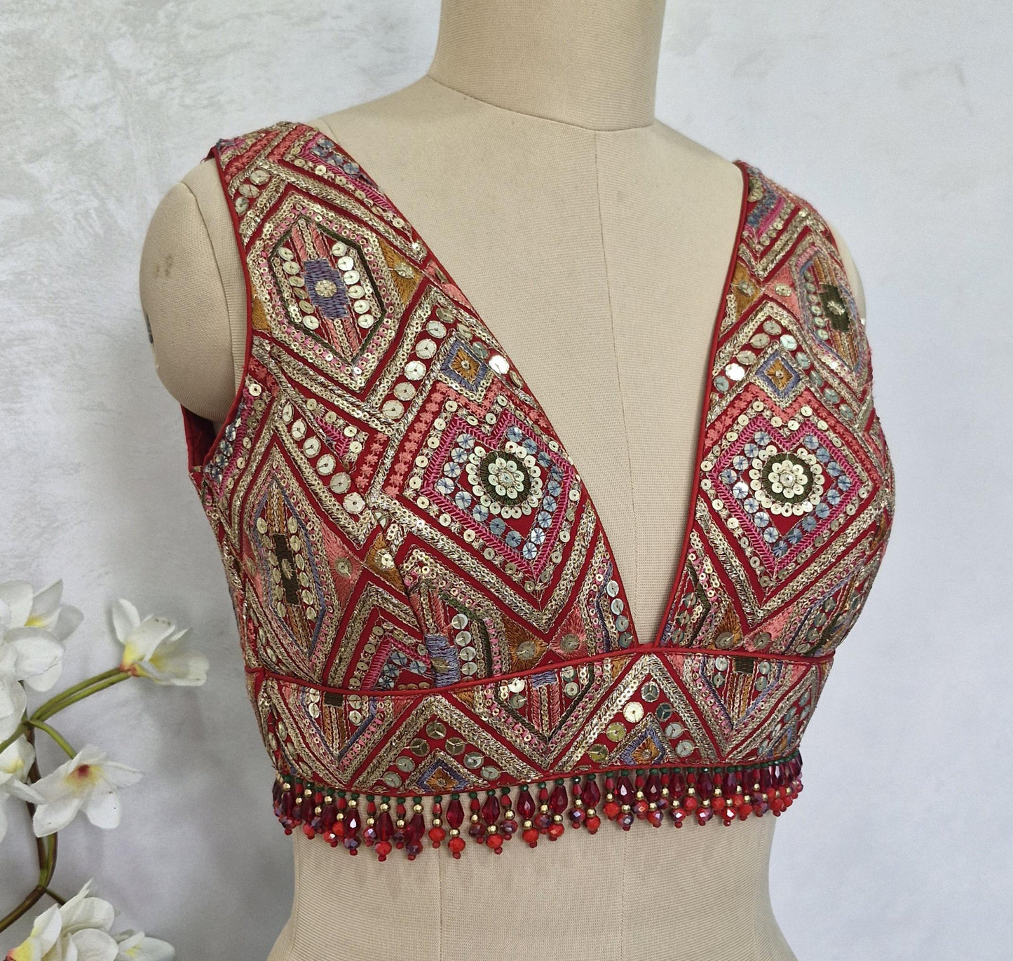 Red Embroidered Plunge Neckline DVBL_413