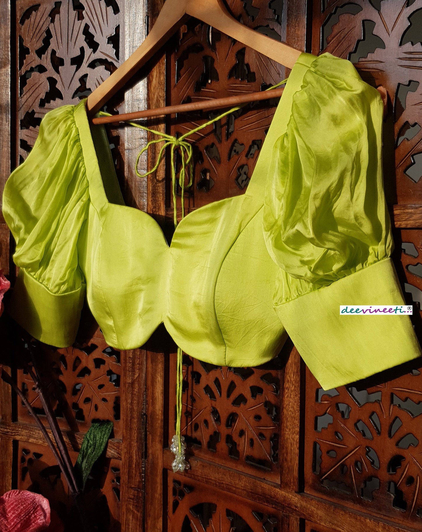 Lime Green Satin Organza Puff Sleeves Blouse DVBL_266