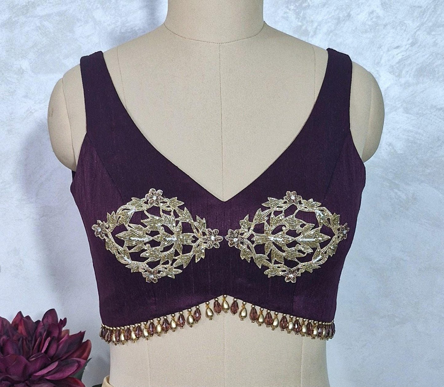 Hand Embroidered Burgundy Wine Raw Silk Blouse DVBL_432
