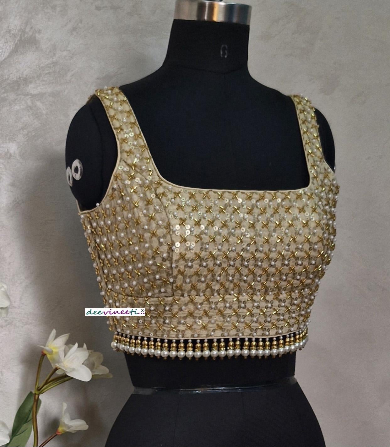 Gold Embroidered Tissue Silk Blouse Square Neck DVBL_399