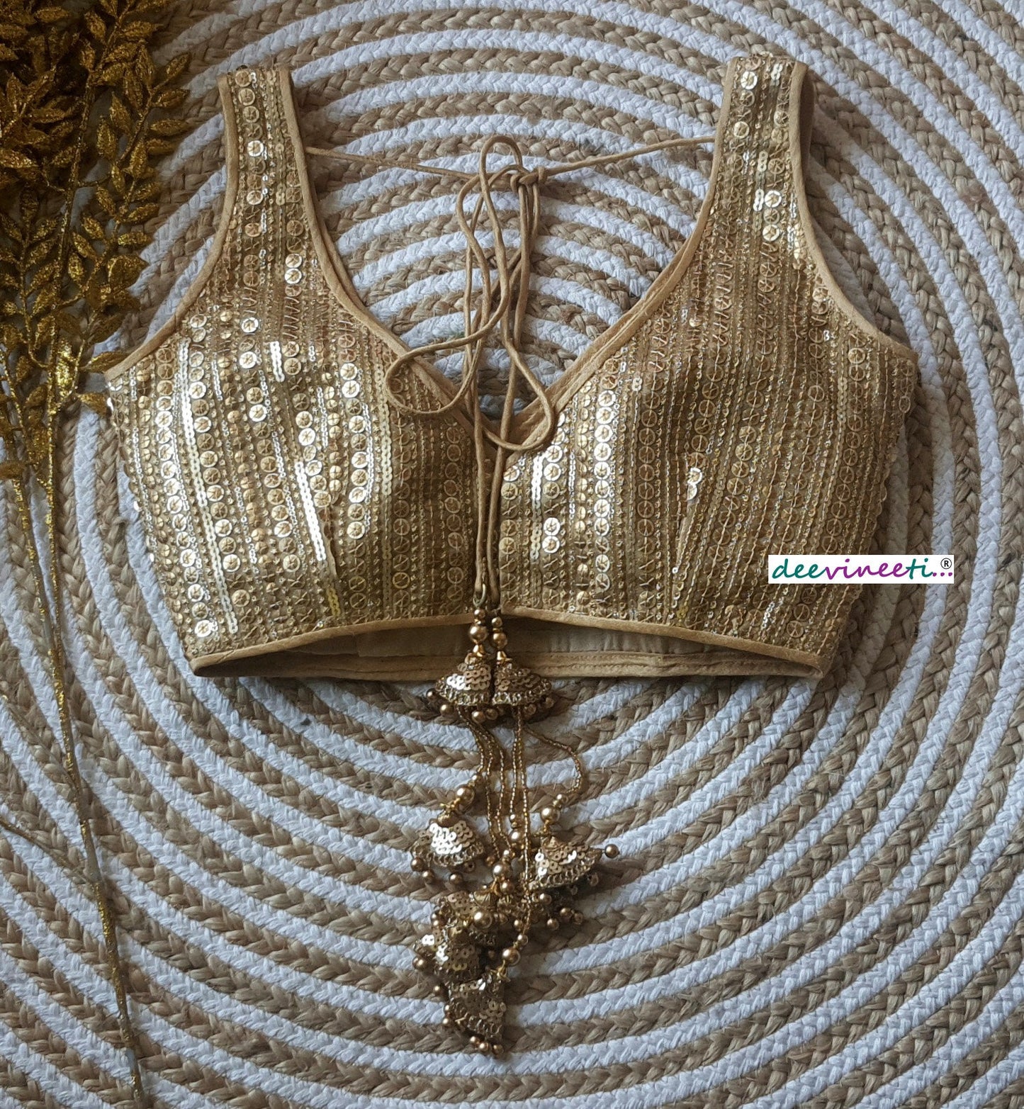 Gold Sequins Embroidered Deep V Neck Blouse DVBL_126