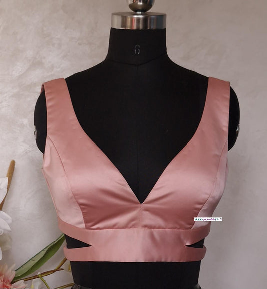 Blush Pink Satin Blouse V Neck Sleeveless DVBL_395