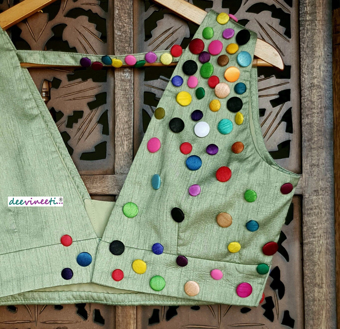 Green Raw Silk Button Embellished Blouse DVBL_135
