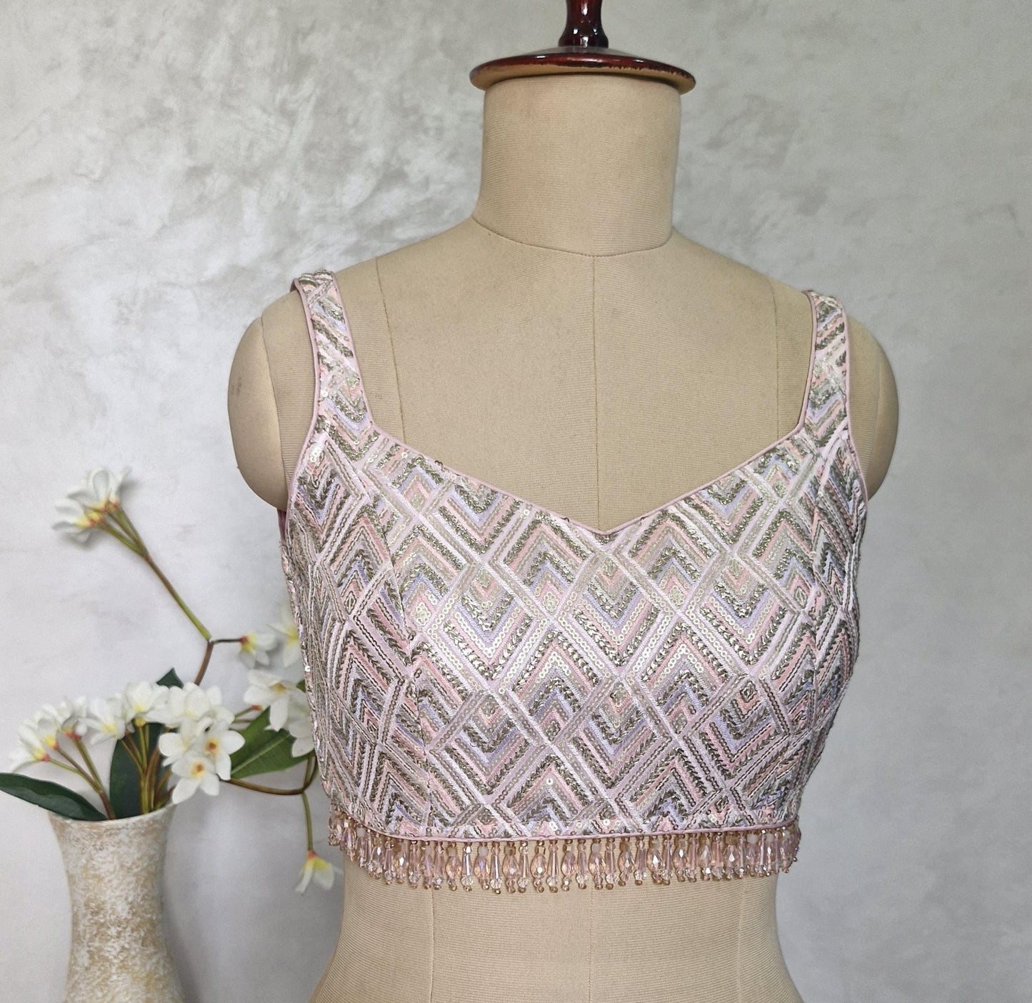 Pink Embroidered Semi Sweetheart Neck Blouse DVBL_414