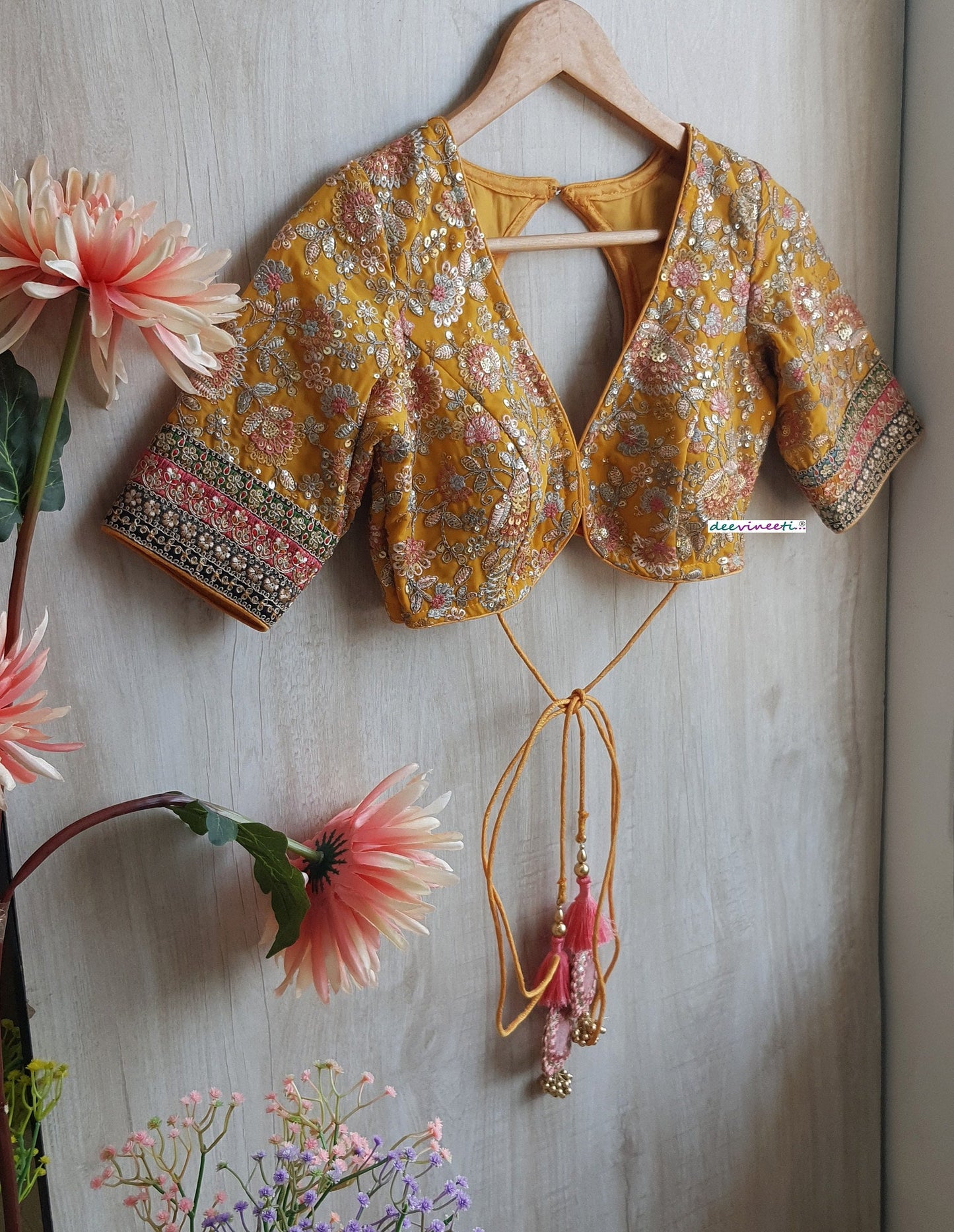 Yellow Embroidered V Neck Elbow Sleeves Blouse DVBL_301