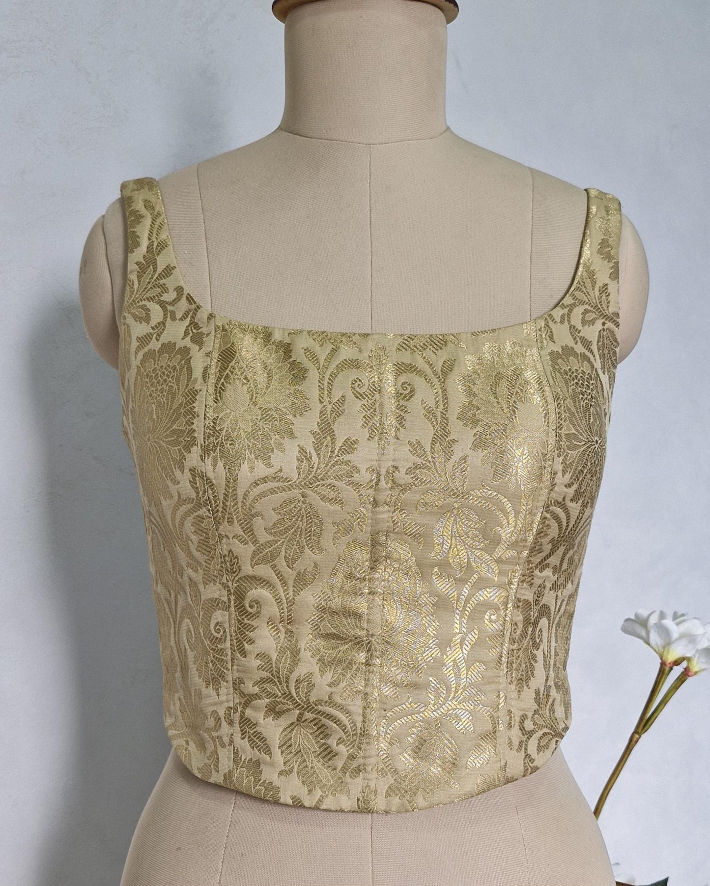 Beige Gold Brocade Silk Corset Blouse DVCB_001