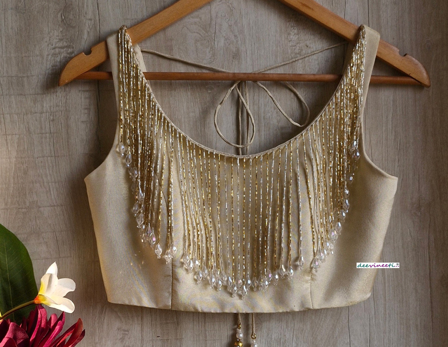 Light Gold Tissue Silk Round Neck with Fringes Blouse DVBL_353.