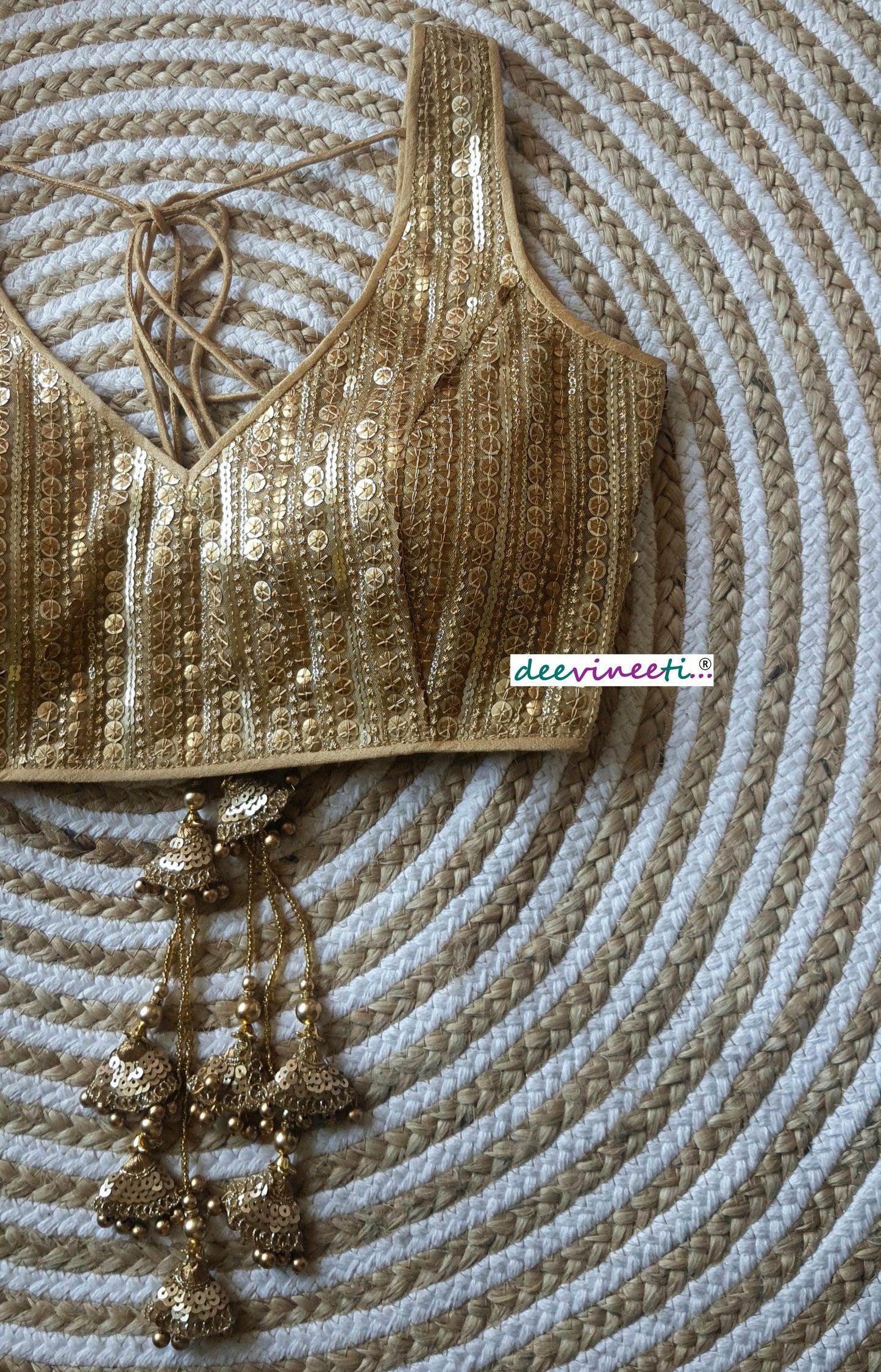 Gold Sequins Embroidered Deep V Neck Blouse DVBL_126