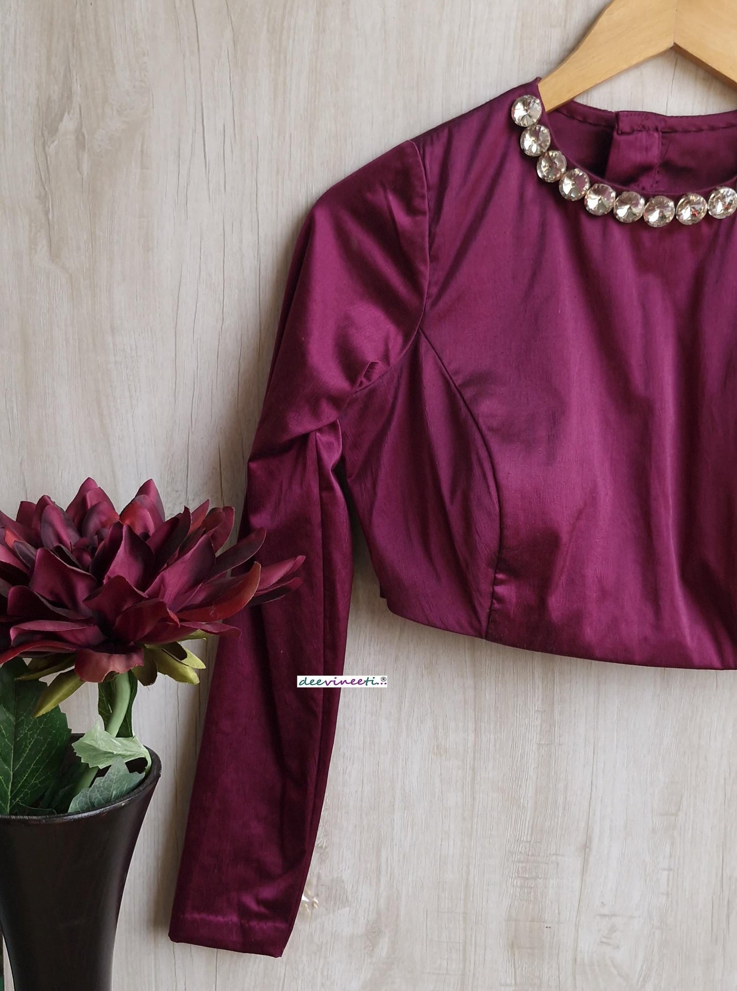 Purple Wine Lycra Satin Jewel Neck Blouse DVBL_391