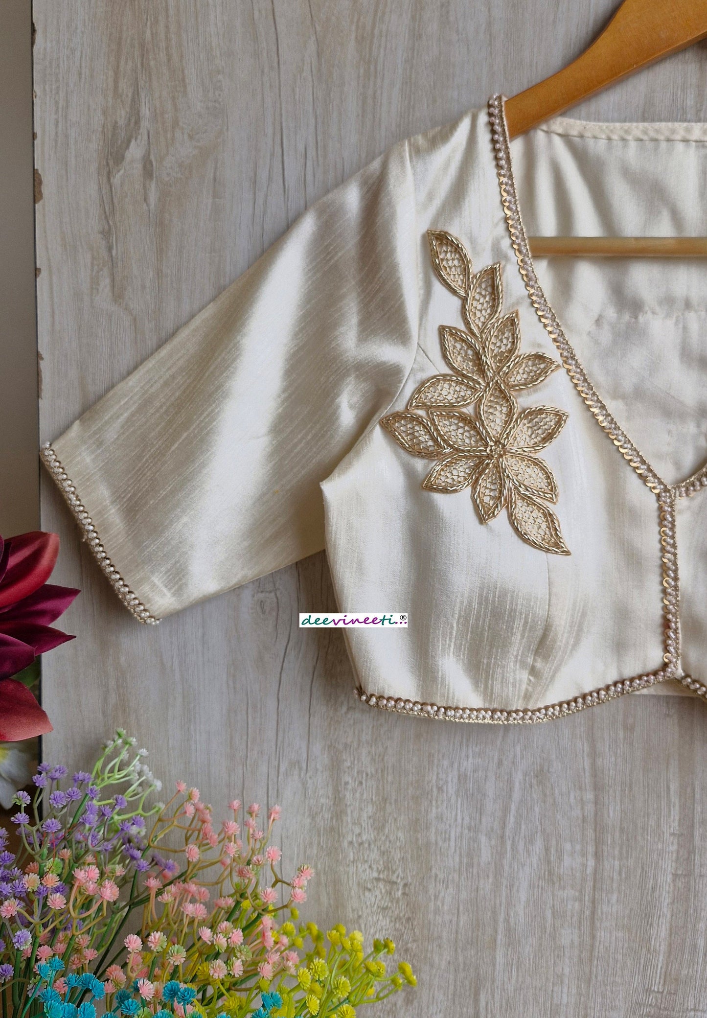 Cream Raw Silk Blouse with Applique Embroidery DVBL_322