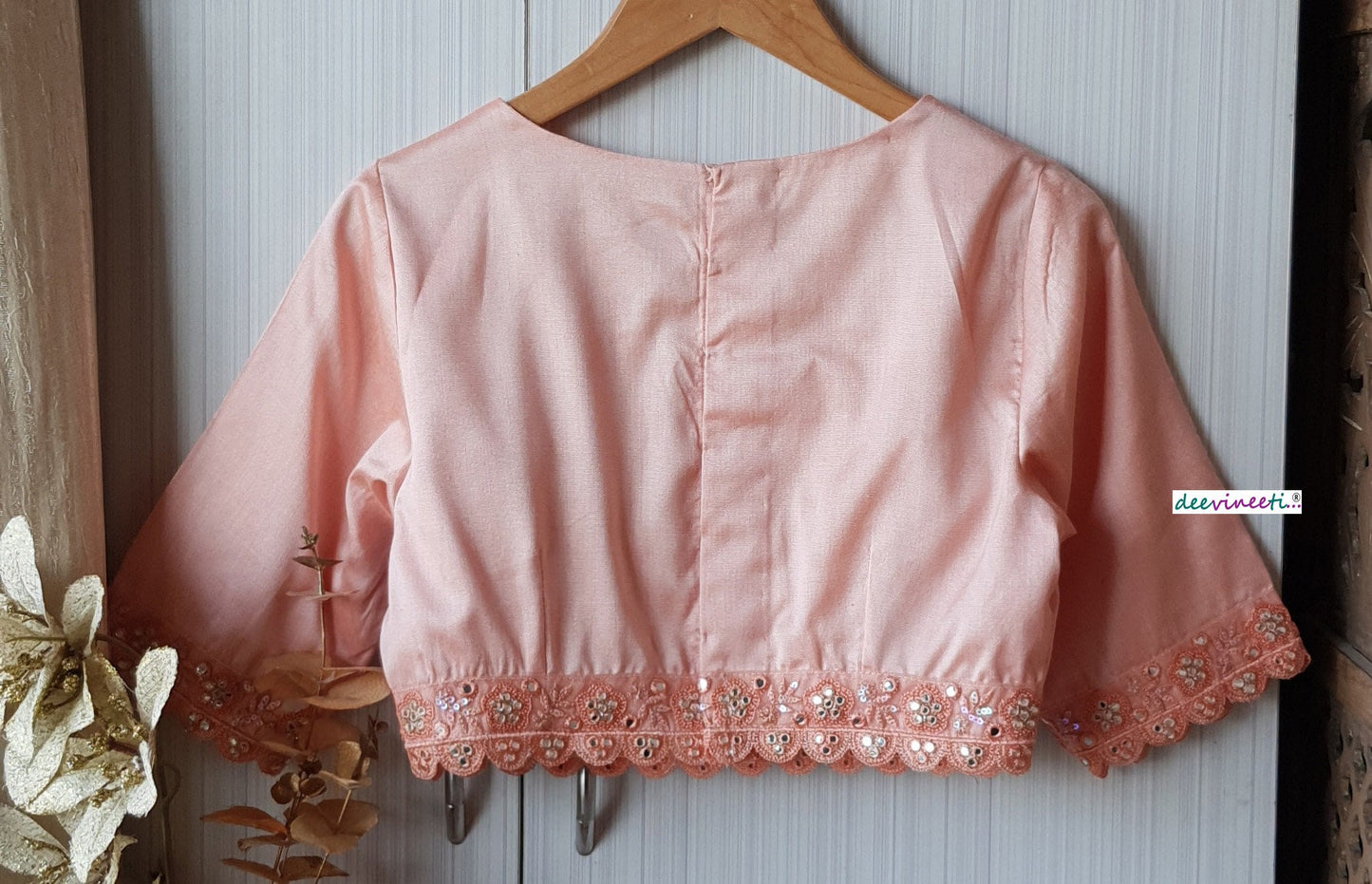 Peach Cotton Silk Jewel Neck Blouse DVBL_174