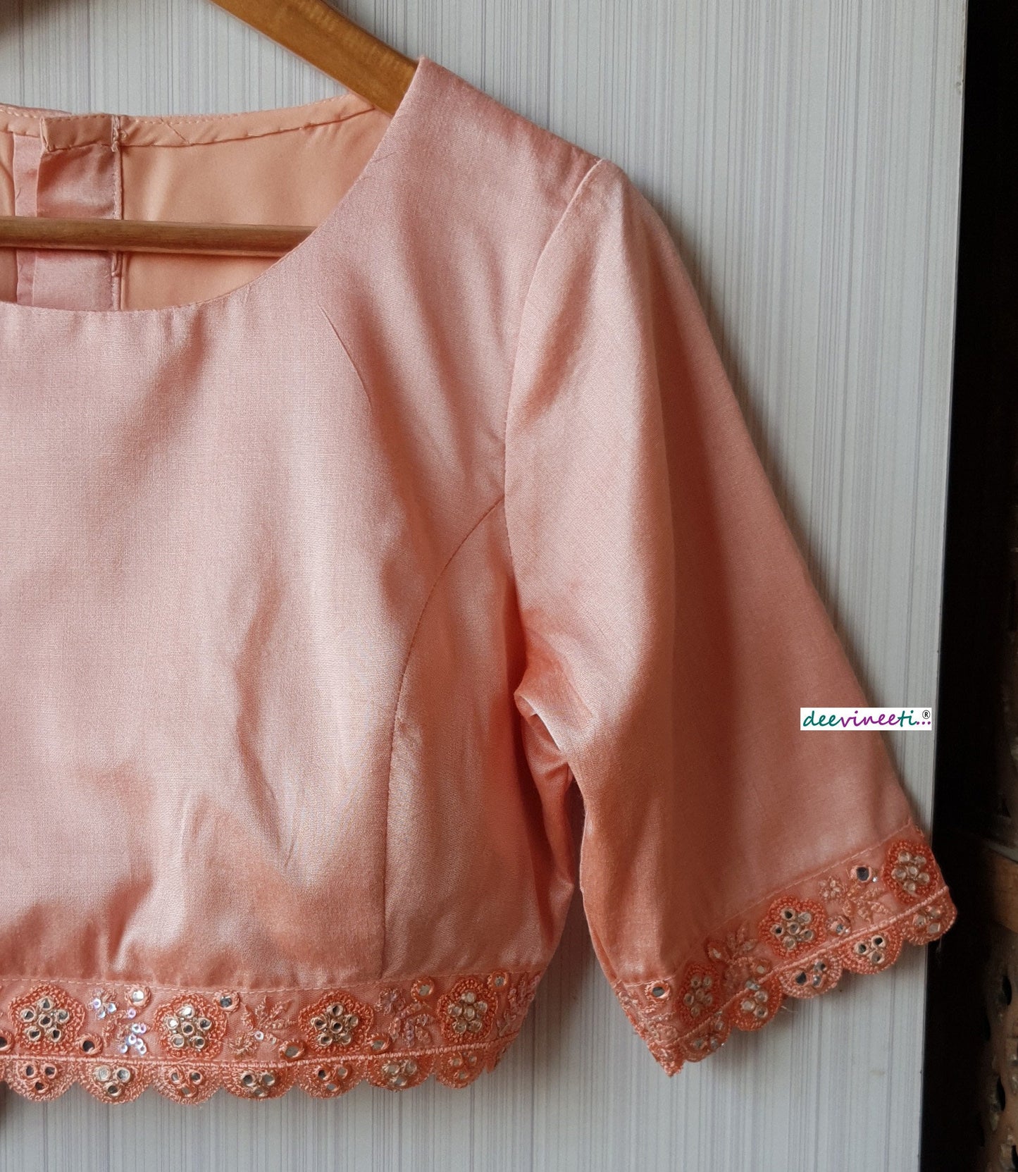 Peach Cotton Silk Jewel Neck Blouse DVBL_174
