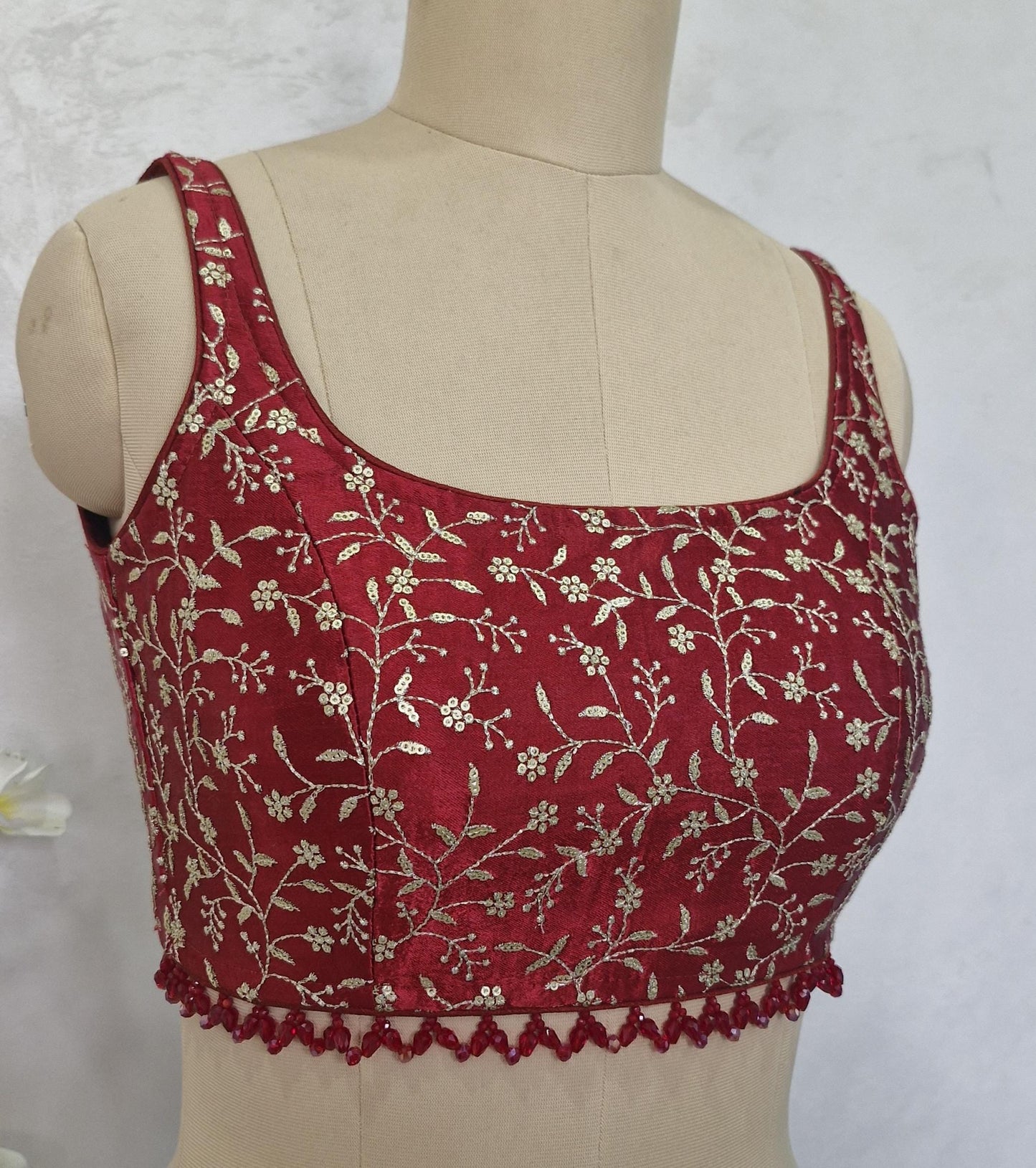 Maroon Embroidered Silk Scoop Neck Blouse DVBL_412