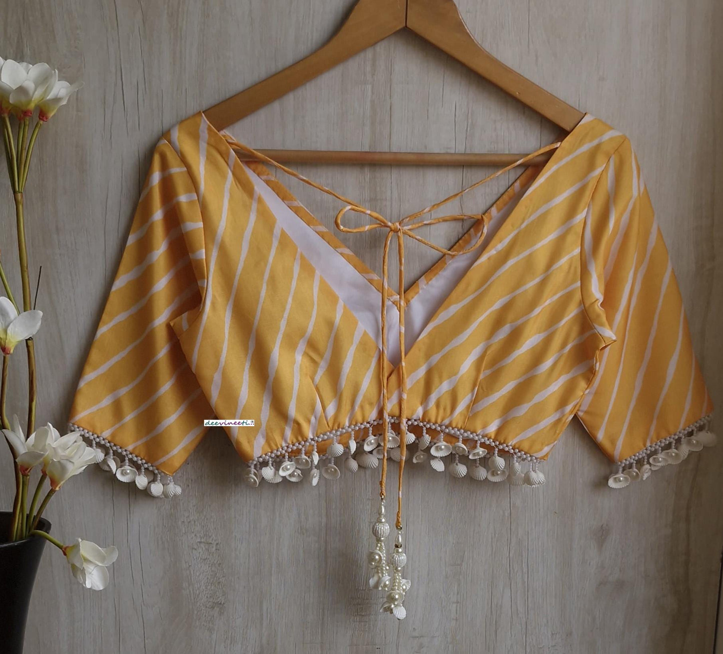Yellow Leheriya Print Silk V Neck Blouse DVBL_392