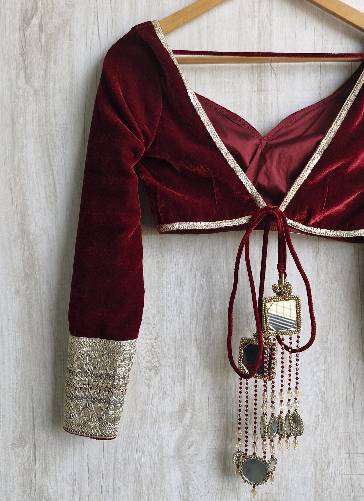 Deep Burgundy Velvet Deep Sweetheart Neck Full Sleeves Blouse DVBL_410