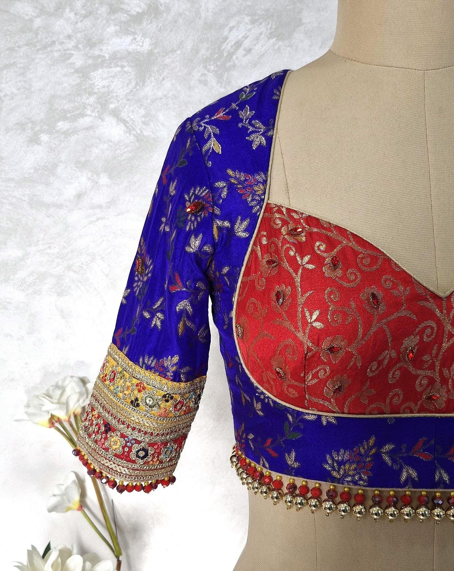 Blue Red Brocade Silk Sweetheart Neckline Blouse DVBL_448