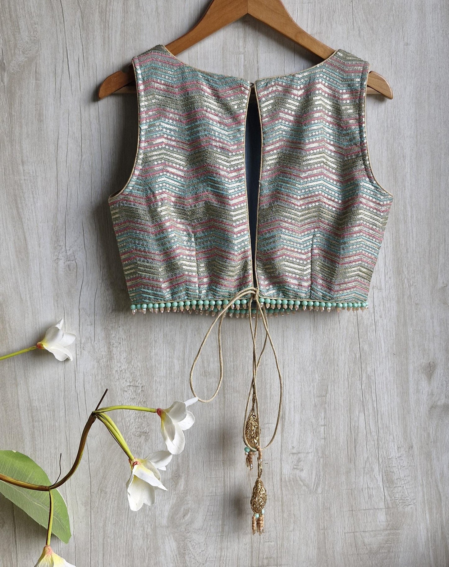 Multicolor Embroidered Grey Blouse Boat Neck Blouse DVBL_452
