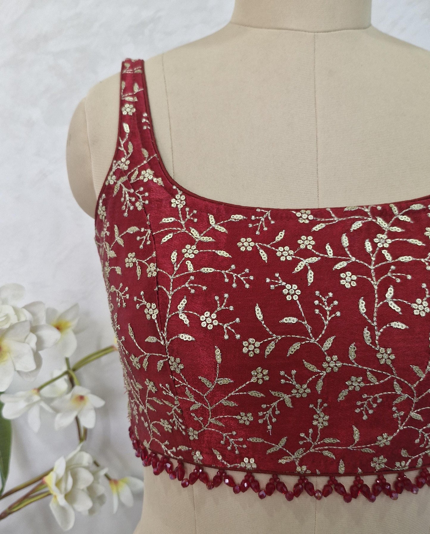 Maroon Embroidered Silk Scoop Neck Blouse DVBL_412