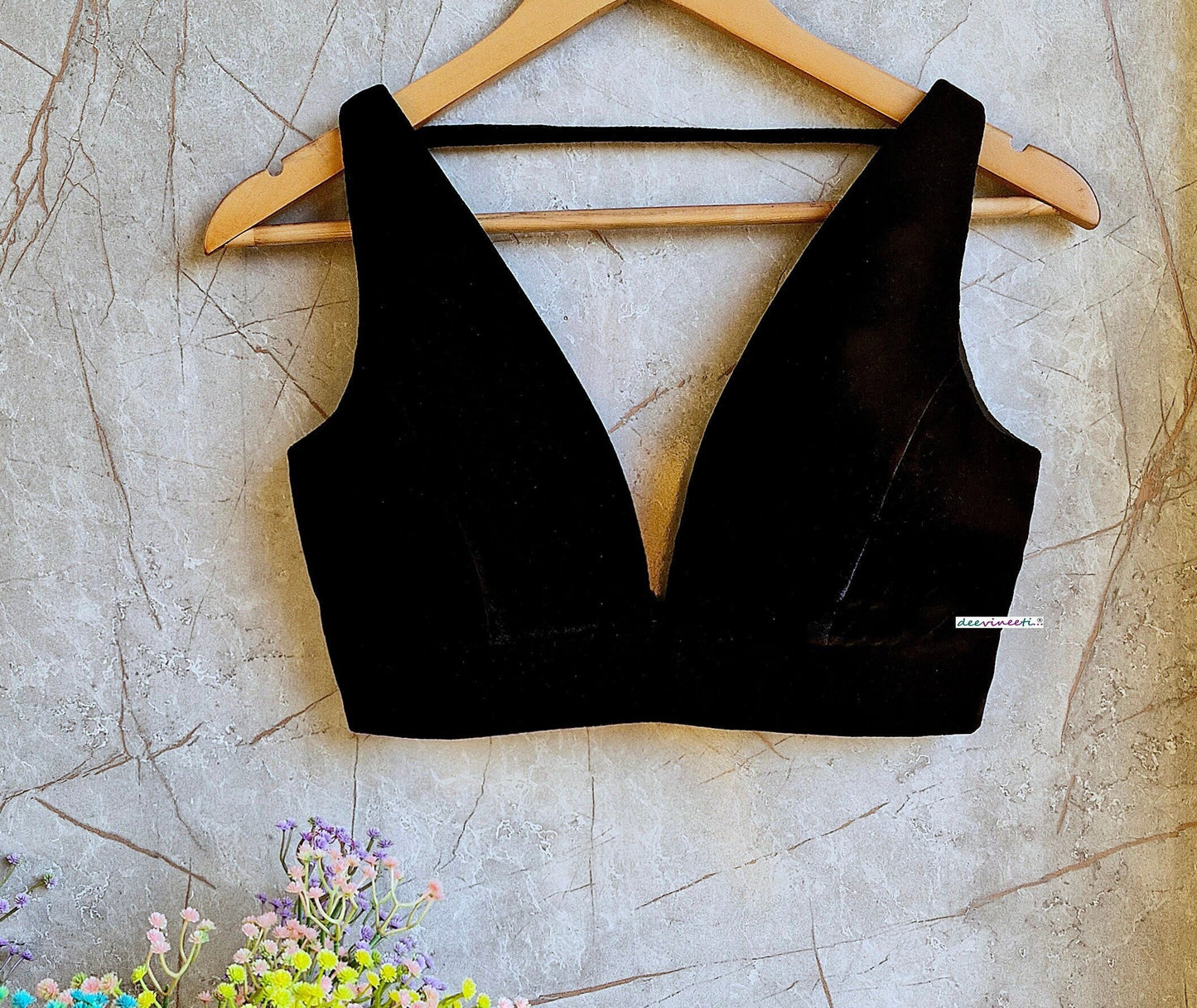 Black Velvet Plunge Neckline Blouse DVBL_332