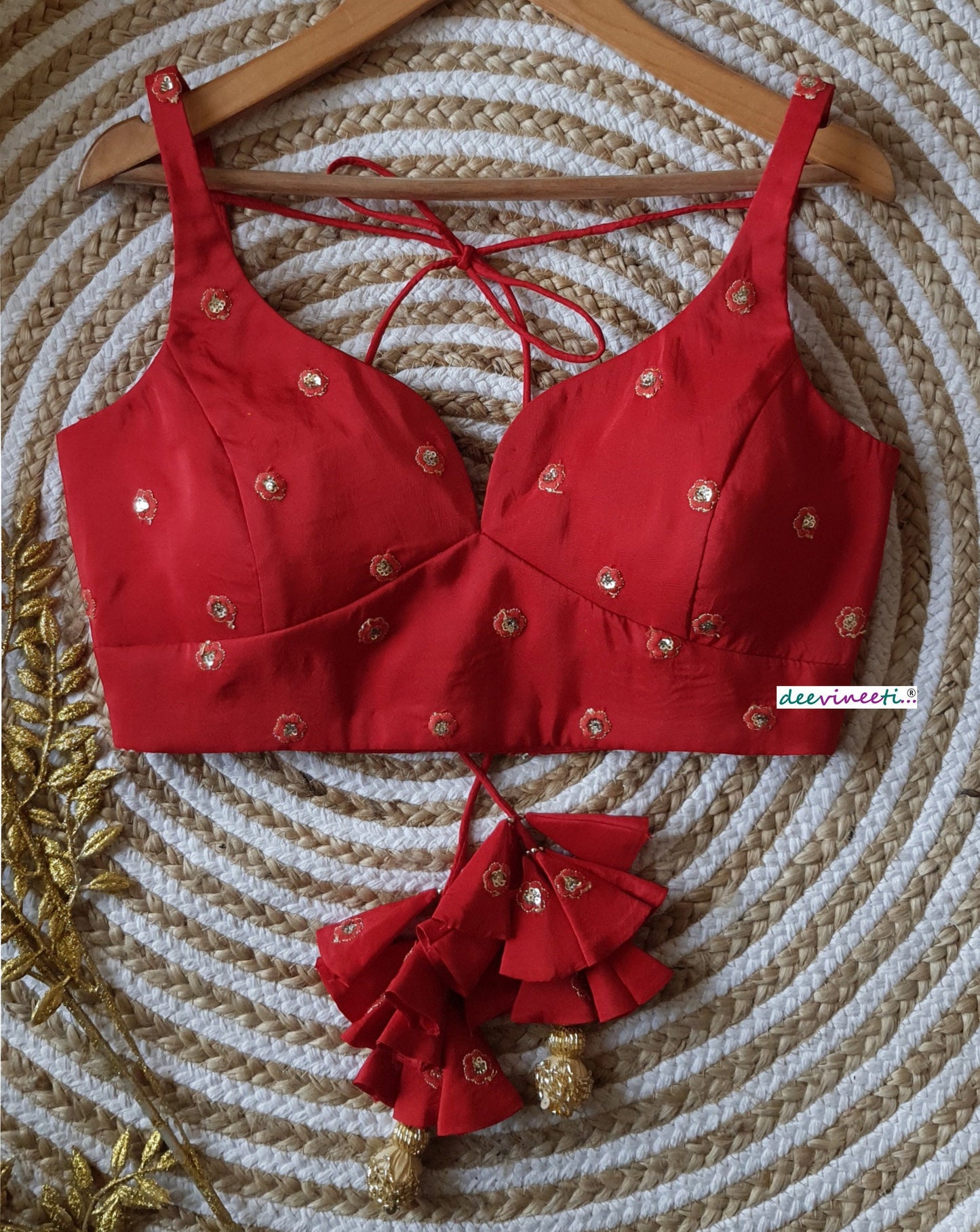 Embroidered Red Silk Deep Sweetheart Neck Blouse DVBL_160