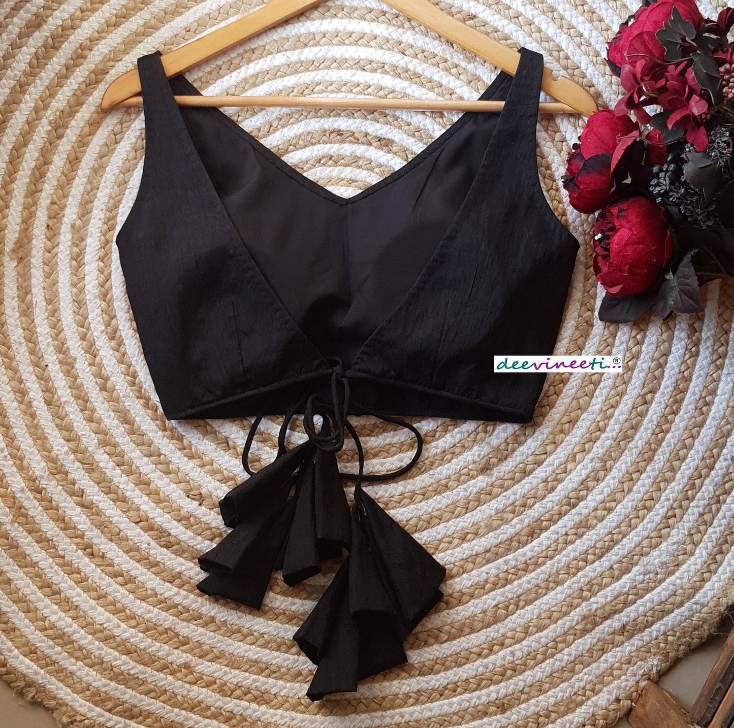 Raw Silk V Neck Open Back Solid Blouse DVBL_118