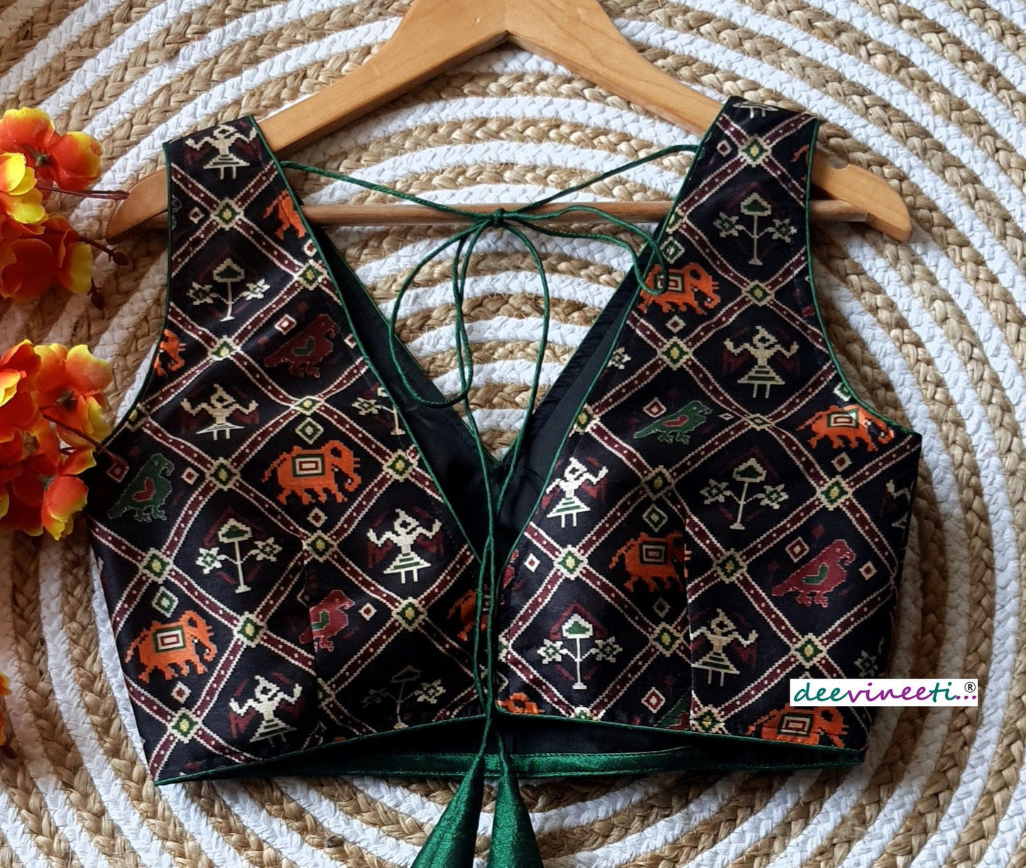 Black Printed Tussar Silk Sleeveless V Neck Blouse. DVBL_095