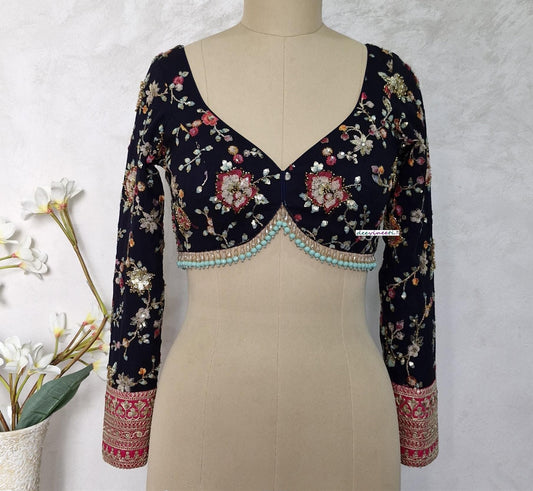 Deep Blue Embroidered Semi Sweetheart Neck Blouse DVBL_401