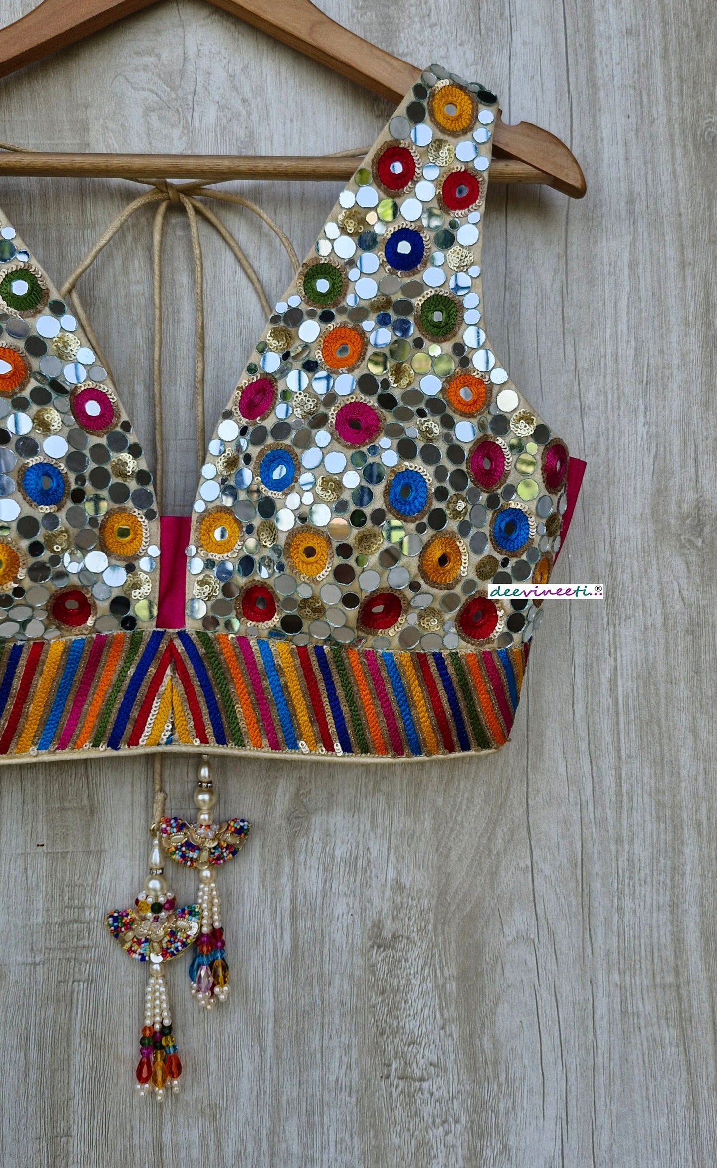 Multicolor Real Mirror Hand Embroidered Plunge Neckline Blouse DVBL_357