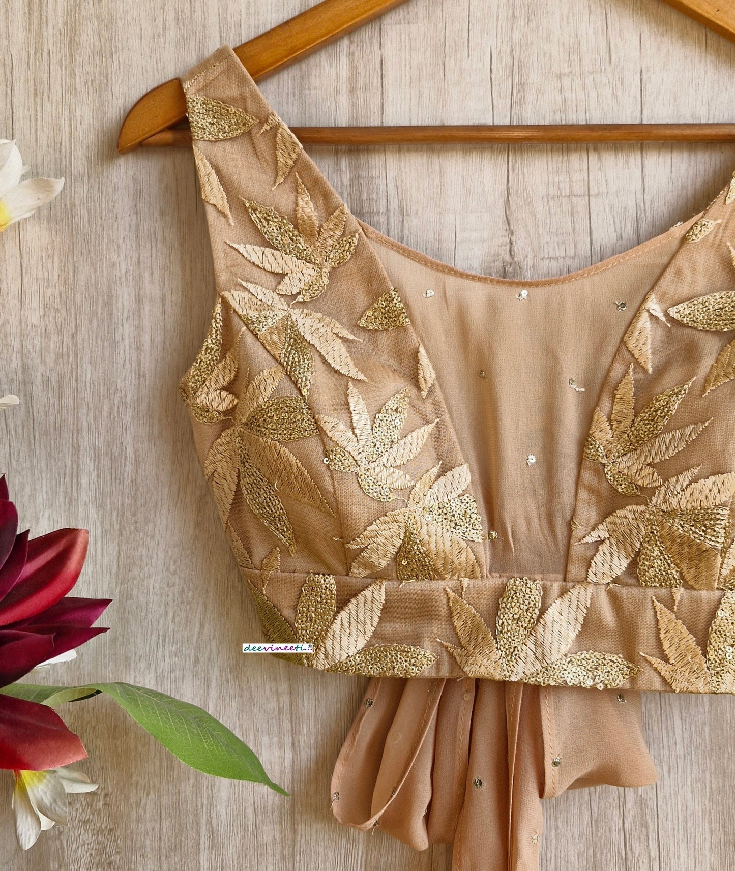 Embroidered Beige Boat Neck Tie Blouse DVBL_346.